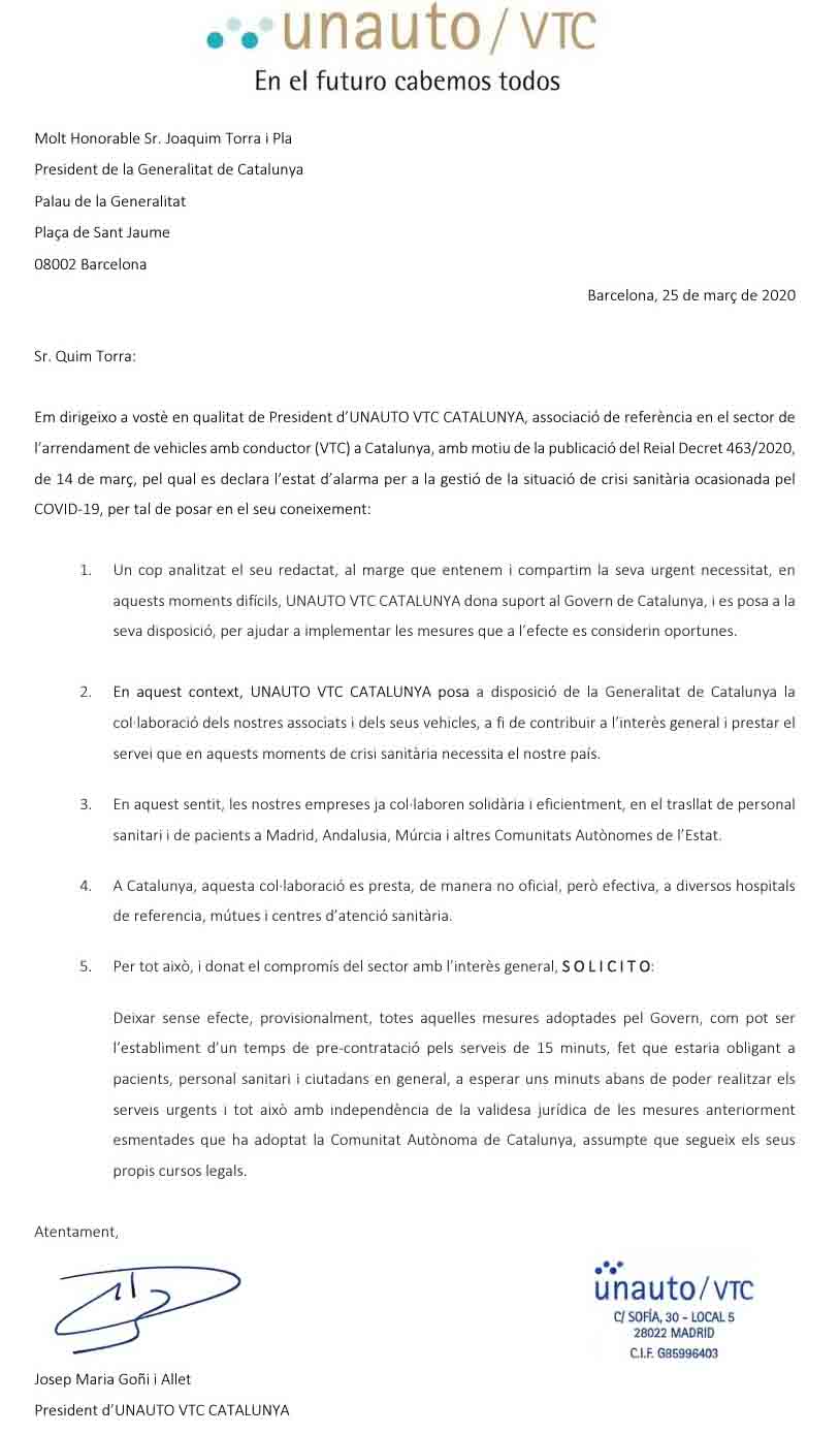 La cínica, engañosa e interesada carta de Unauto VTC, al president Quim Torra