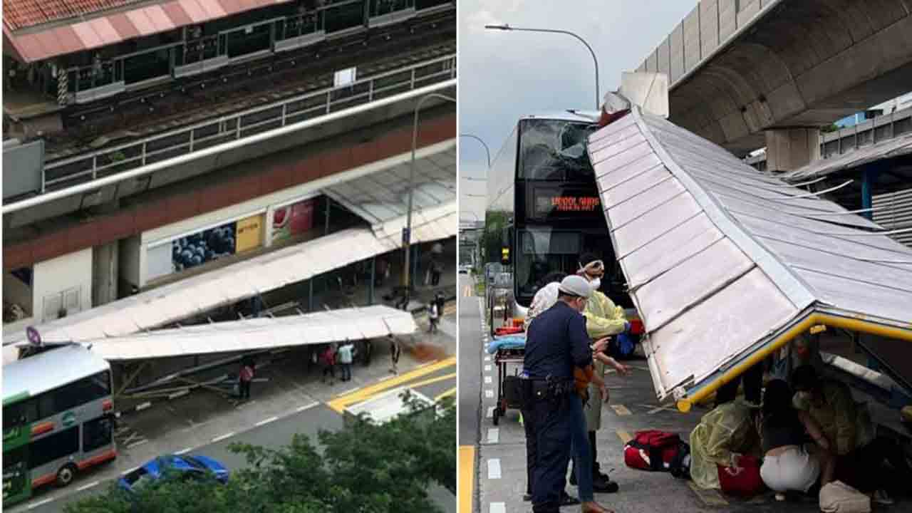 Se derrumba el techo de una parada de taxis en Singapur por el choque de un autobús