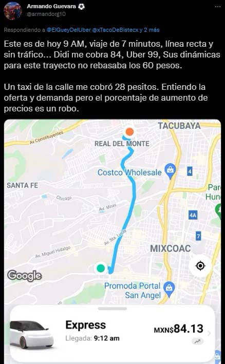 Uber cobra 99 pesos en CDMX por un viaje que en taxi cuesta 28