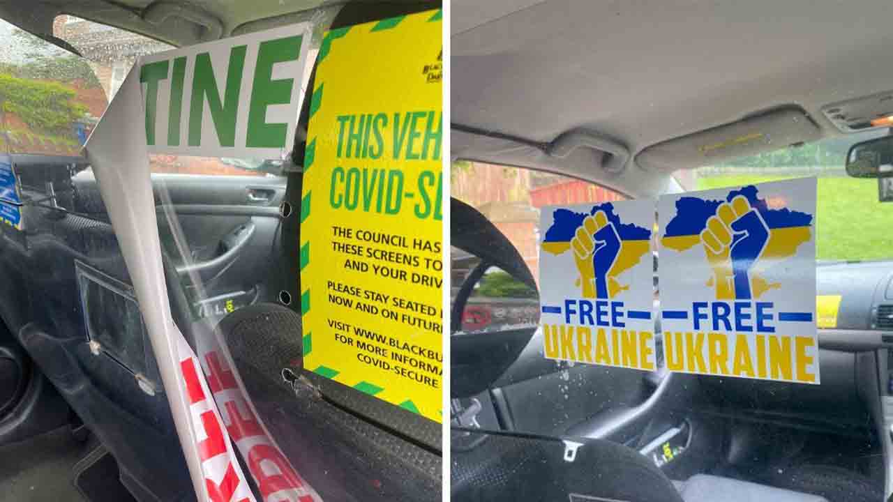 Un taxi de Blackburn pasa la inspección con un adhesivo de 'Ucrania Libre', pero no uno con 'Palestina Libre'