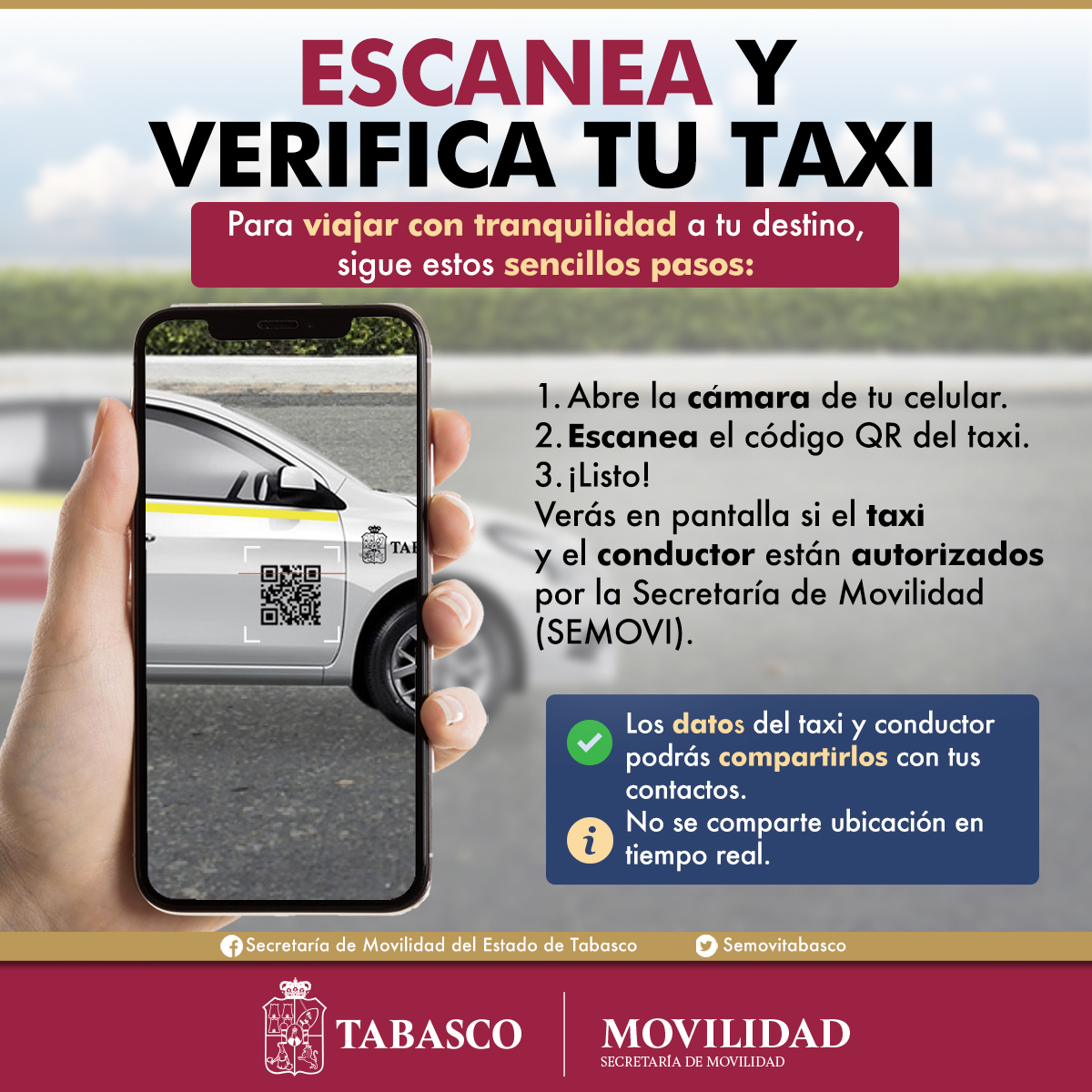 El taxi de Tabasco incorpora un código QR en la puerta para saber los datos del vehículo