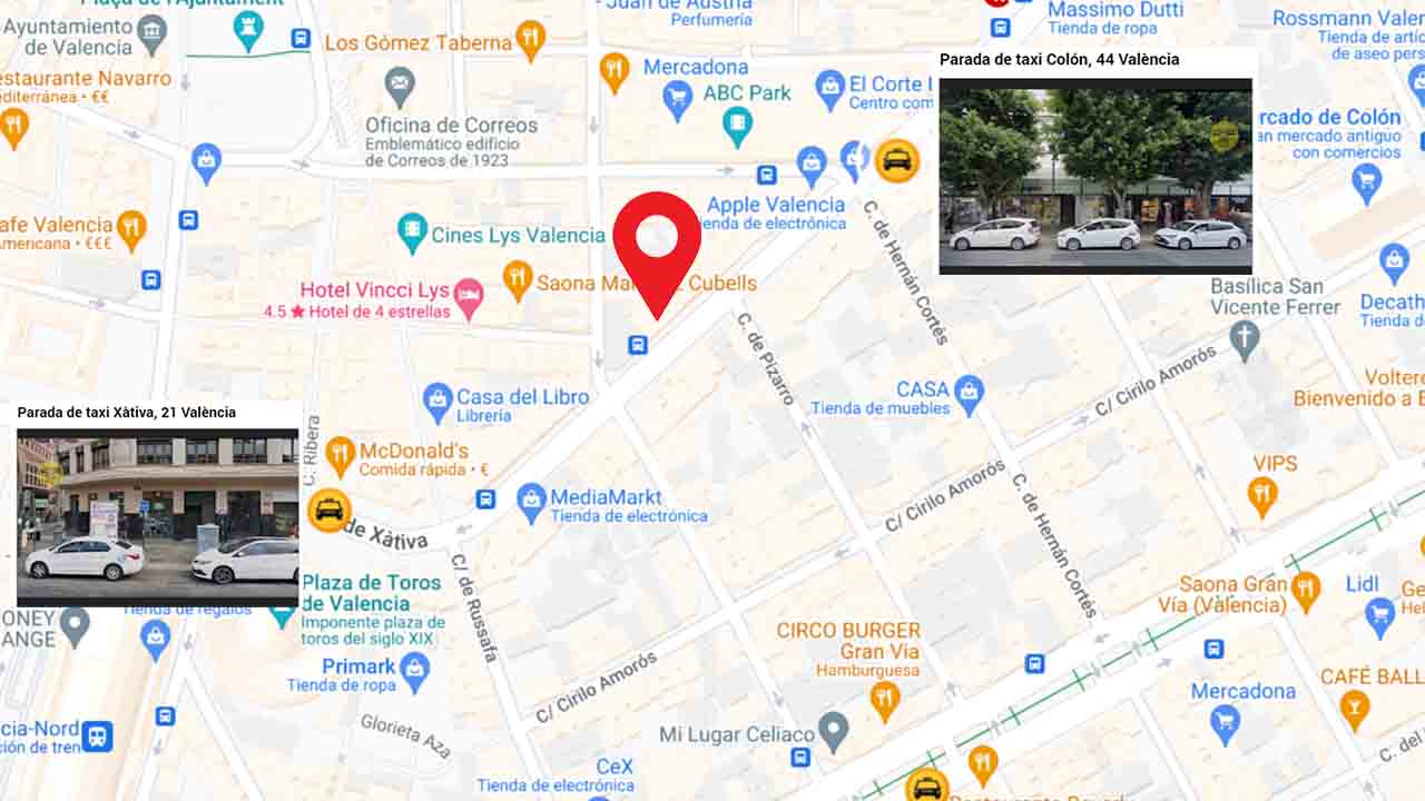 Nuevas paradas de taxis en València, una en la calle Colón y otra en el Ayuntamiento